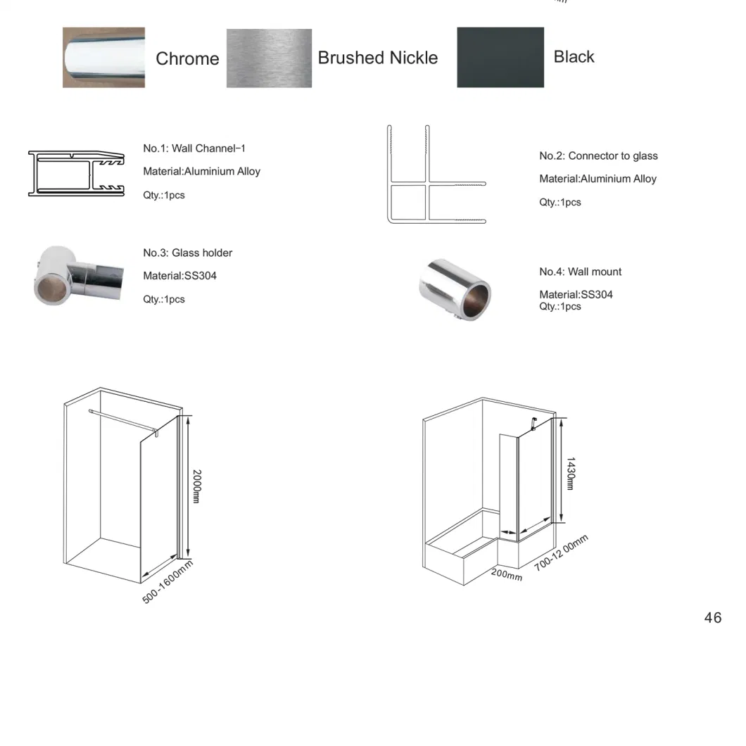 Aluminum Alloy Shower Enclosures Walk in with SS304 Supporting Bar